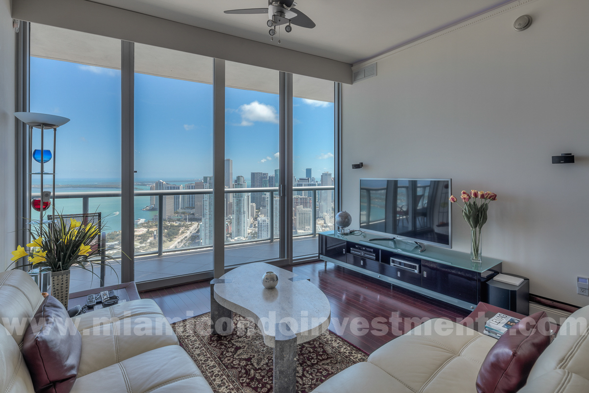 Living Room with view of Biscayne Bay and the Downtown Miami skyline